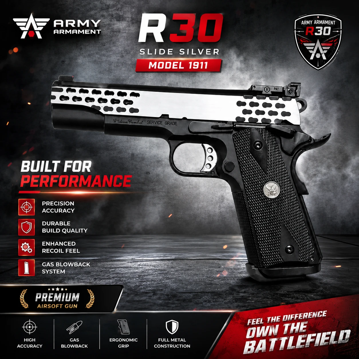 Army Armament R30 1911 Slide Silver GBB Airsoftgun M1911 Gas Blowback