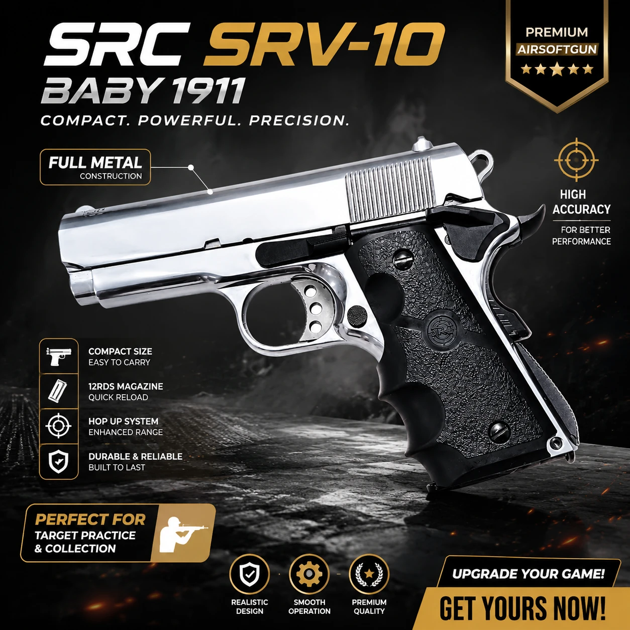 Airsoft Gun SRC SRV-10 Platinum Baby 1911 GBB Full Metal Gas Blowback – Compact Tactical Pistol