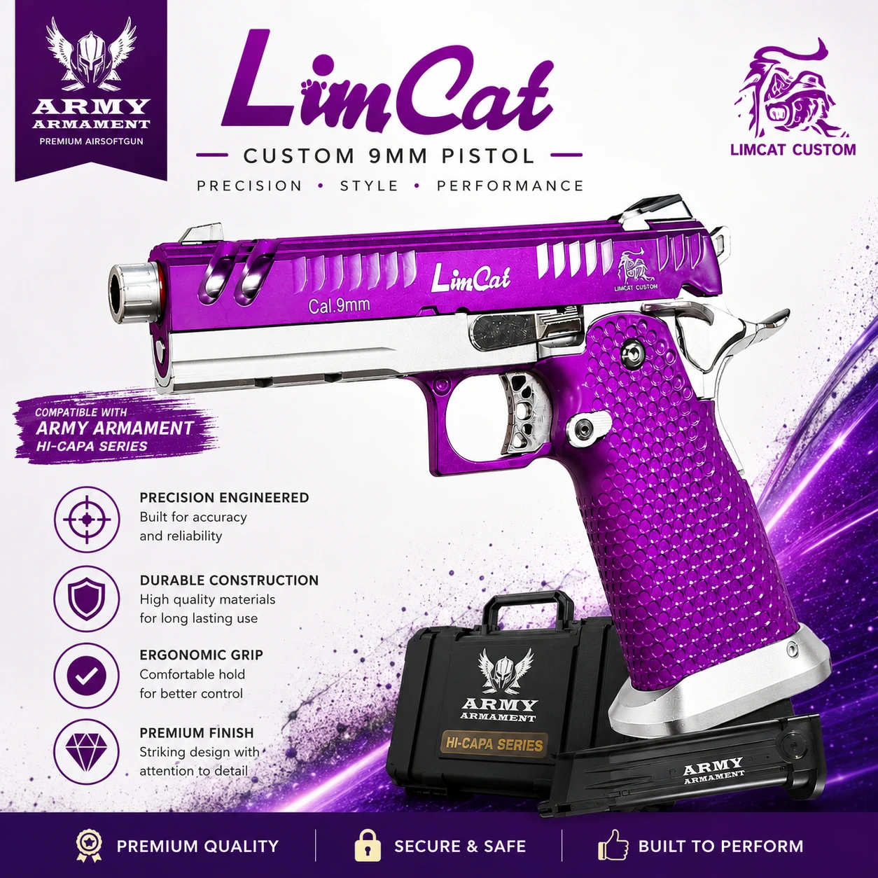 Army Armament R610-3 Purple Limcat 4.3 Hi-Capa GBB Airsoft Pistol Full Metal Green Gas