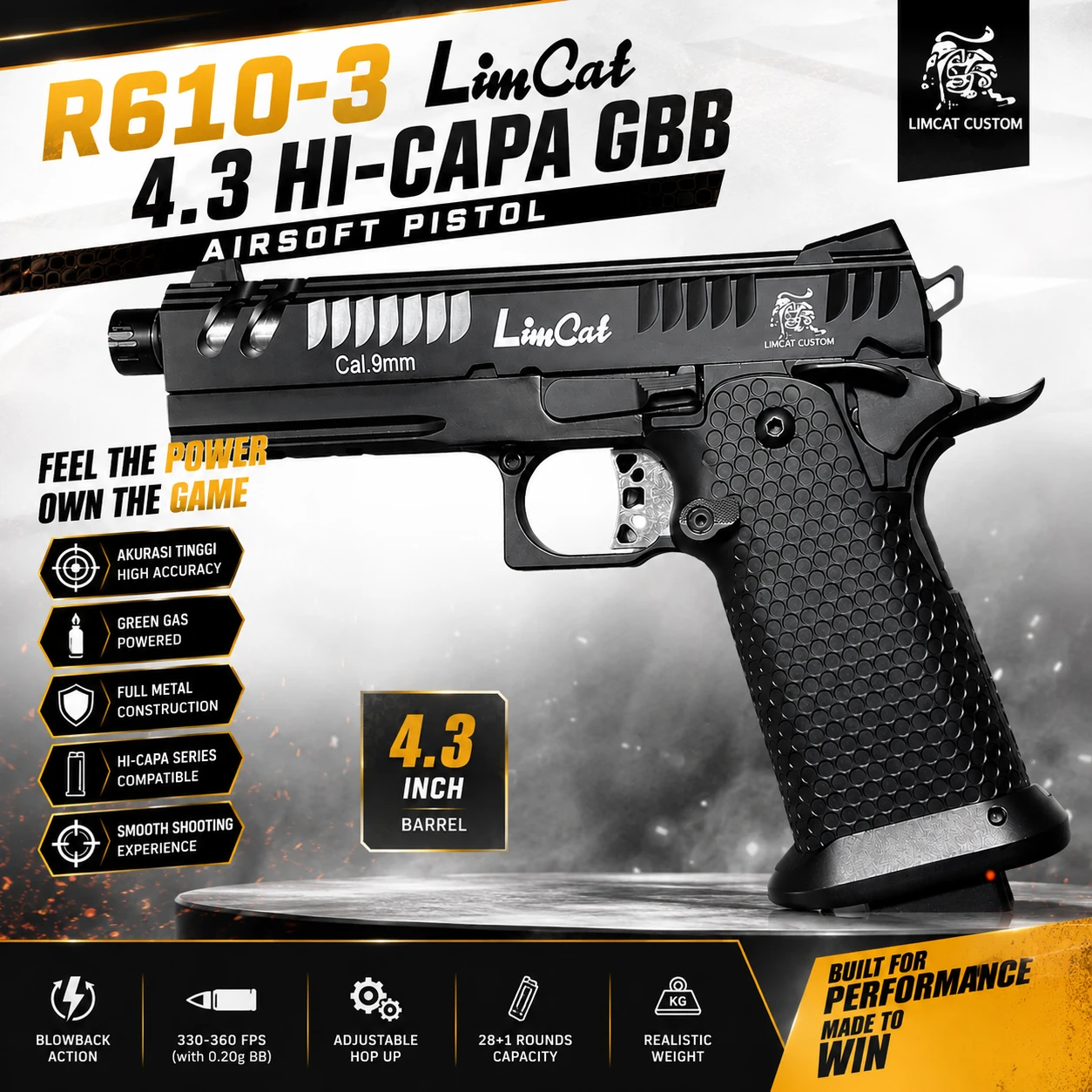 Army Armament R610-3 Limcat 4.3 Hi-Capa GBB Black Full Metal Gas Blowback Airsoft Pistol